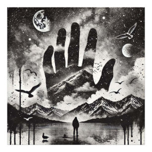 Double Exposure Hand to Mountain Landscape Sky Photo Print