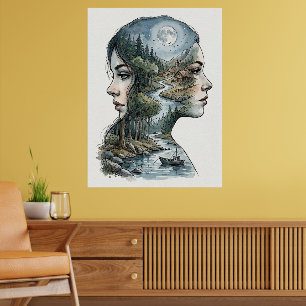 Double Exposure Nature Silhouette Watercolor Poster