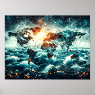 Double Exposure of World Map and Ocean Poster