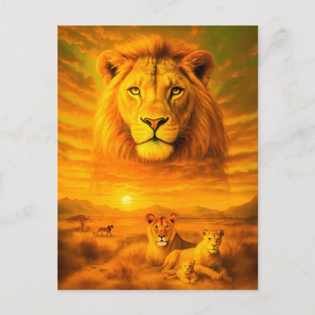 Double Exposure Portrait of African Lion Holiday Postcard (Front)