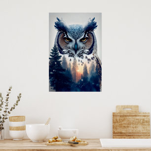 Double Exposure Portrait of Owl and Tree Branch Poster