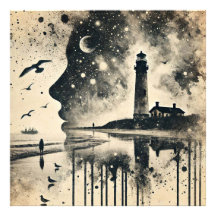 Double Exposure Portrait with Starry Sky Lighthous