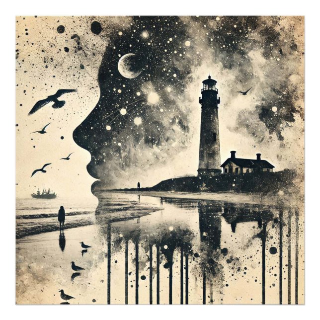 Double Exposure Portrait with Starry Sky Lighthous Photo Print (Front)