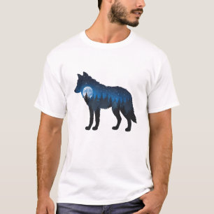 Double Exposure Wolf Silhouette Moonlit and Starry T-Shirt