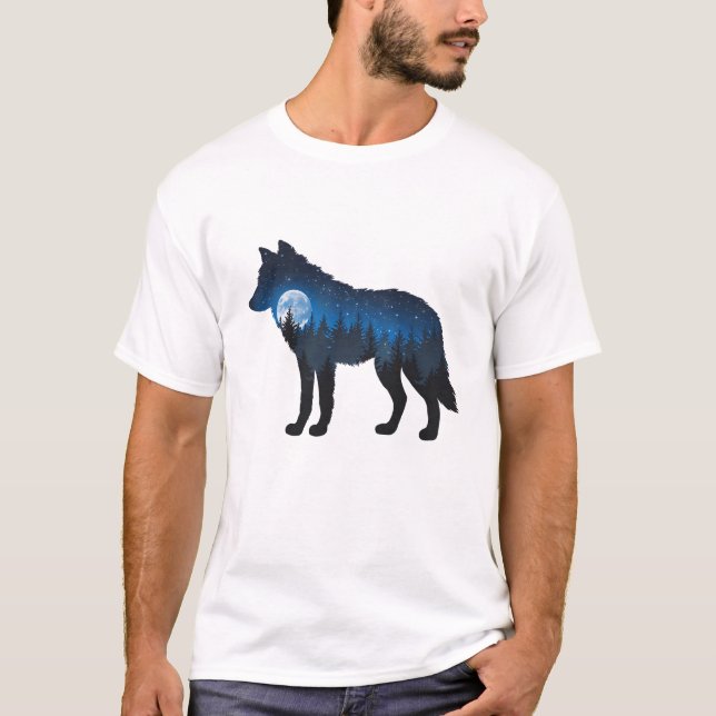 Double Exposure Wolf Silhouette Moonlit and Starry T-Shirt (Front)