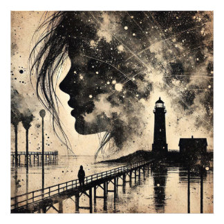 Double Exposure Woman with Lighthouse and seagull Photo Print