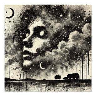 Double Exposure Woman with Seagulls and Starry Sky Photo Print