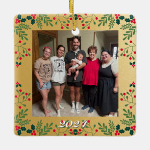 Double Family Christmas Photo Gold and Holly Frame Ceramic Ornament