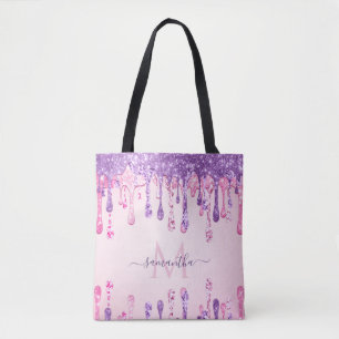 Double Glitter Pink & Purple Sparkle Drip Monogram Tote Bag