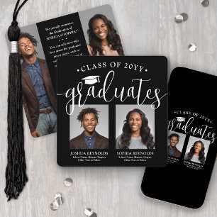 Double Graduation 2 Grads & 4 Photos Black & White Announcement