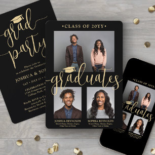 Double Graduation 2 Grads Black & Gold Joint Photo Invitation