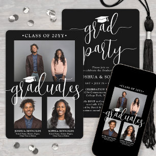 Double Graduation 2 Grads Black White Joint Photo Invitation