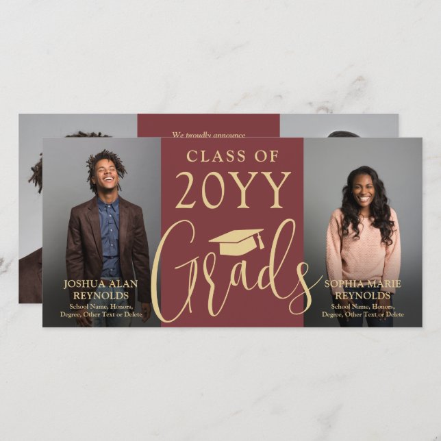 Double Graduation 2 Grads Joint Photo Burgundy Red Announcement (Front/Back)