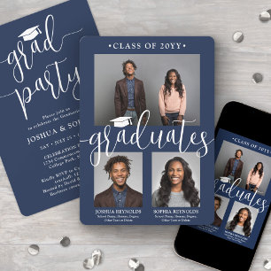 Double Graduation 2 Grads Navy & White Joint Photo Invitation