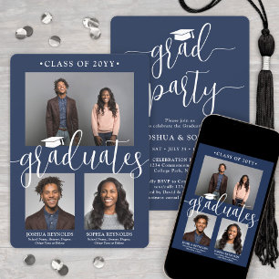 Double Graduation 2 Grads Navy & White Joint Photo Invitation