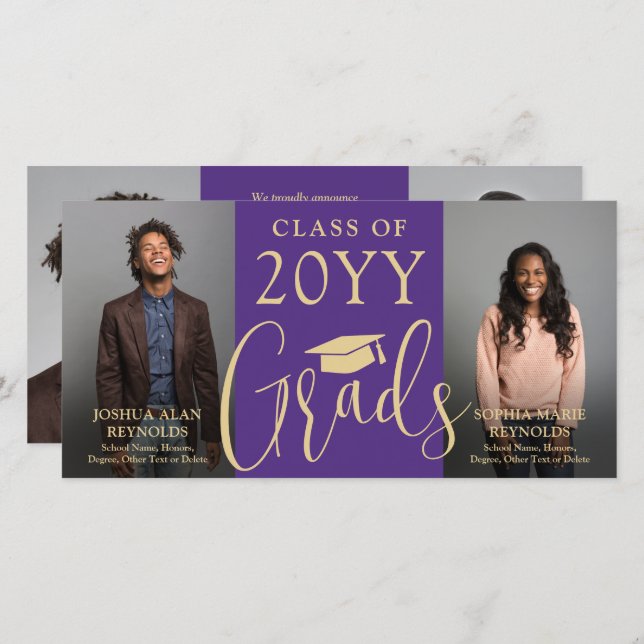Double Graduation 2 Grads Purple Gold Joint Photo Announcement (Front/Back)