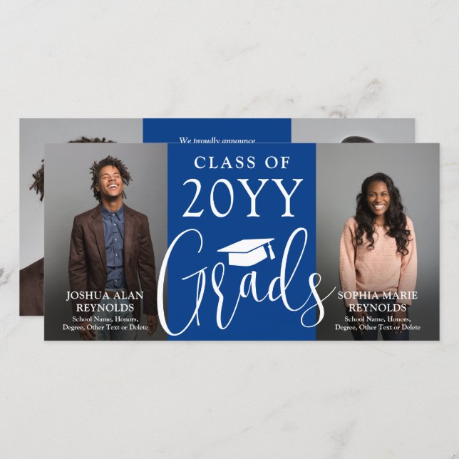 Double Graduation 2 Grads Royal Blue Joint Photo Announcement (Front/Back)