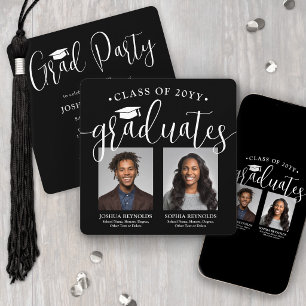 Double Graduation 2 Photos Black White Joint Party Invitation