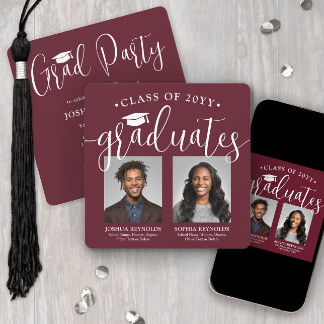 Double Graduation 2 Photos Maroon Red Joint Party Invitation (Creator Uploaded)