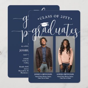 Double Graduation 2 Photos Navy Blue & White Joint Invitation