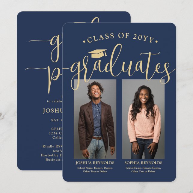 Double Graduation 2 Photos Navy & Gold Joint Party Invitation (Front/Back)