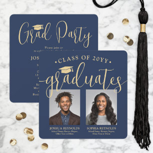 Double Graduation 2 Photos Navy & Gold Joint Party Invitation