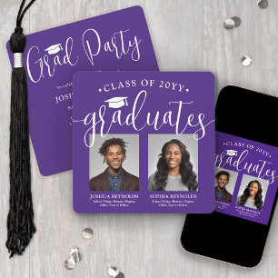 Double Graduation 2 Photos Purple Joint Party Invitation