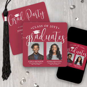 Double Graduation 2 Photos Red & White Joint Party Invitation