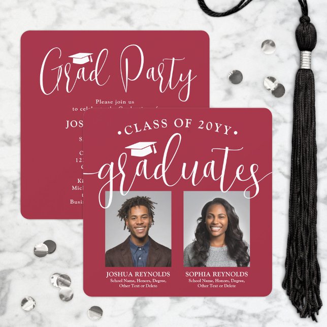Double Graduation 2 Photos Red & White Joint Party Invitation (Creator Uploaded)
