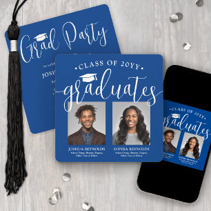 Double Graduation 2 Photos Royal Blue Joint Party Invitation