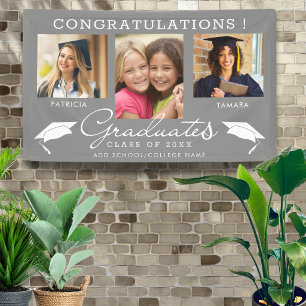 Double Graduation 3 Photo Collage Grey And White Banner