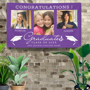 Double Graduation 3 Photo Collage Purple & White  Banner