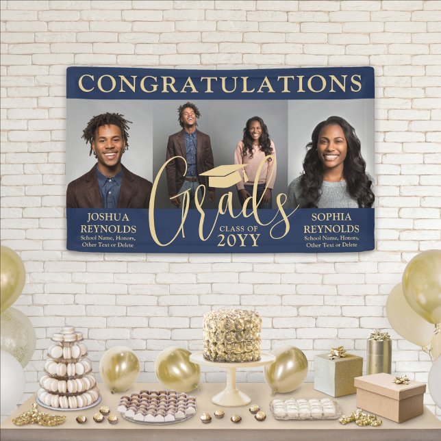 Double Graduation 3 Photo Navy & Gold Joint Party Banner (Creator Uploaded)