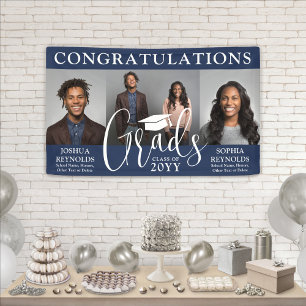 Double Graduation 3 Photo Navy & White Joint Party Banner