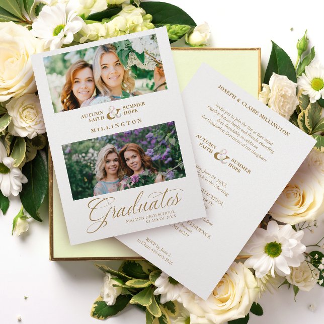 Double Graduation Chic Gold 2 Photos Modern Script Invitation (Creator Uploaded)