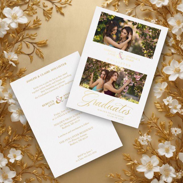 Double Graduation Chic Golden 2 Photos Modern (Double Graduation Chic Golden 2 Photos Modern Script Real Metallic Foil Invitation Card.)