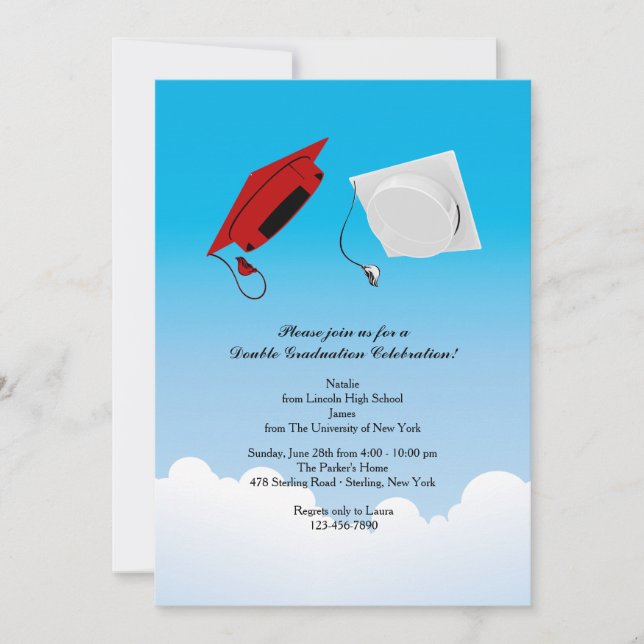 Double Graduation Hat Toss 3 Vertical Invitation (Front)