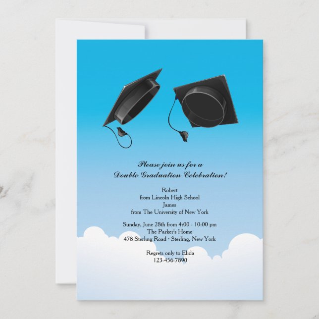 Double Graduation Hat Toss Vertical Black Invitation (Front)
