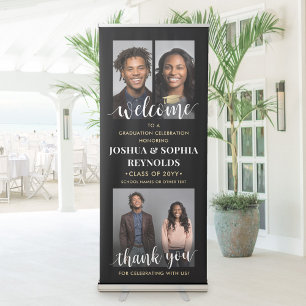 Double Graduation Party Welcome Photo Black & Gold Retractable Banner