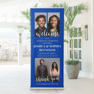 Double Graduation Party Welcome Photo Blue & Gold Retractable Banner