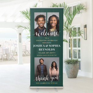 Double Graduation Party Welcome Photo Green & Gold Retractable Banner