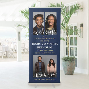 Double Graduation Party Welcome Photo Navy & Gold Retractable Banner
