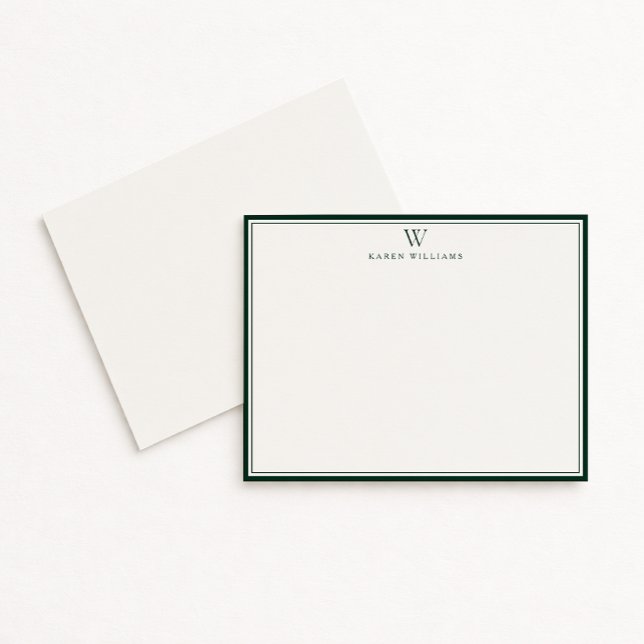 Double Green Border Monogram Stationery Note Card (Creator Uploaded)