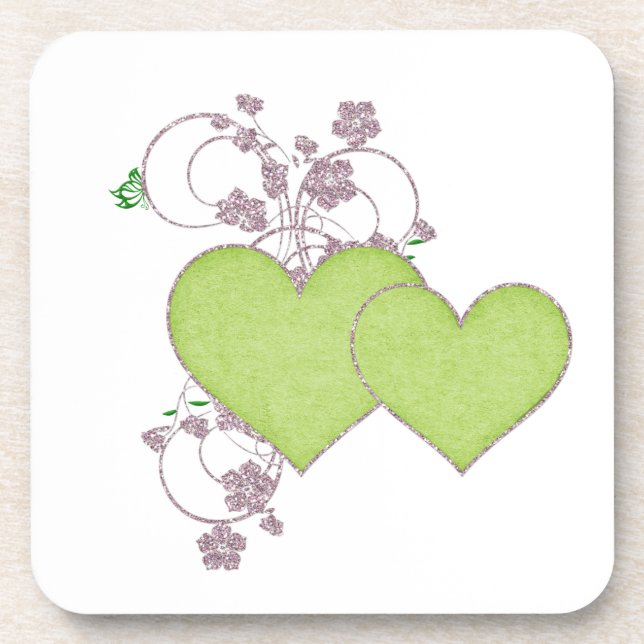 Double Green Heart & Glitter Valentine's Day Coaster (Front)