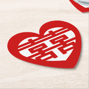 Double Happiness 囍 Shuangxi Chinese Hanzi Heart Paper Coaster