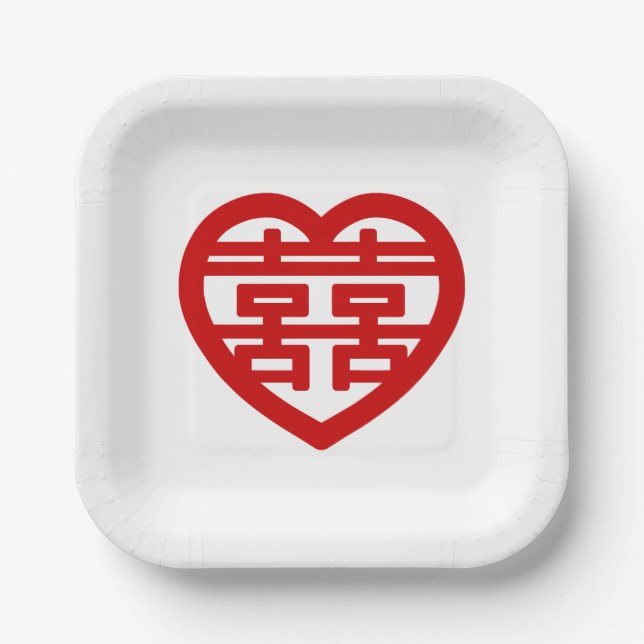 Double Happiness 囍 Shuangxi Chinese Hanzi Heart Paper Plate (Front)
