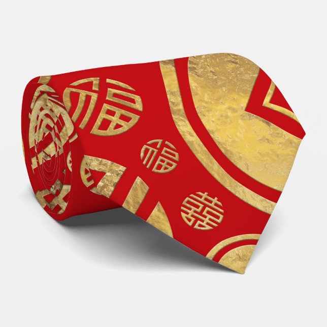 Double Happiness and Chinese coins pattern Tie (Rolled)
