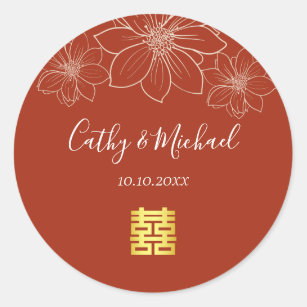 Double happiness boho terracotta floral wedding classic round sticker