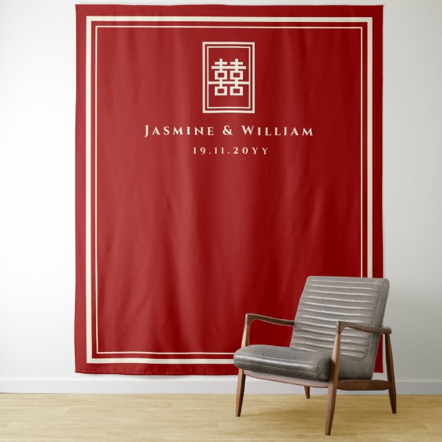Double Happiness Chinese Wedding Photo Backdrop Tapestry (In Situ)