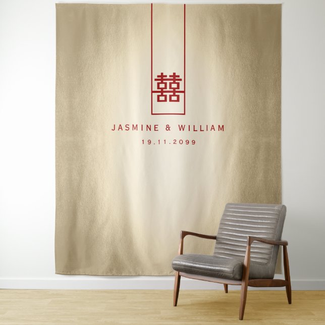 Double Happiness Chinese Wedding Photo Backdrop Tapestry (In Situ)
